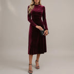 Velvet Autumn Wedding Guest A-Line Midi Dress with Long Sleeves for Women — variant_front