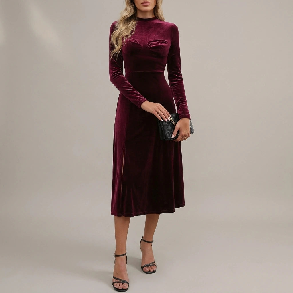 Velvet Autumn Wedding Guest A-Line Midi Dress with Long Sleeves for Women — variant_front