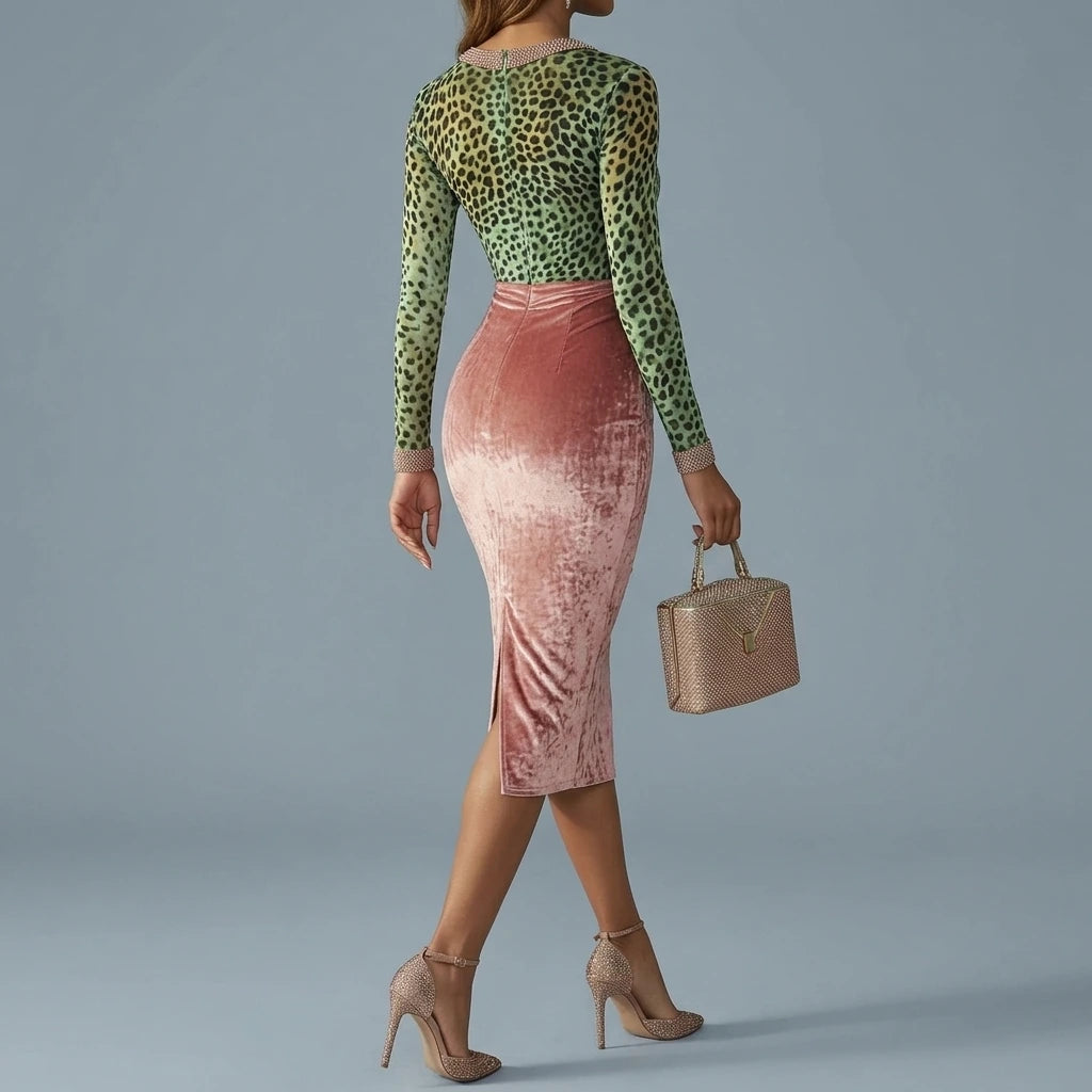 Virelline – Leopard velvet contrast – Bodycon midi dress — variant_front