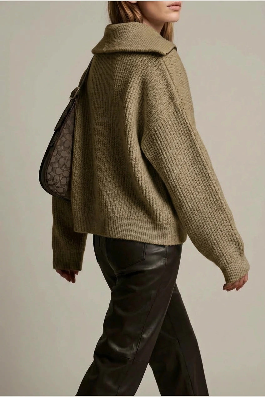 Oversized Half Zip Knit Sweater with Wide Collar — variant_front