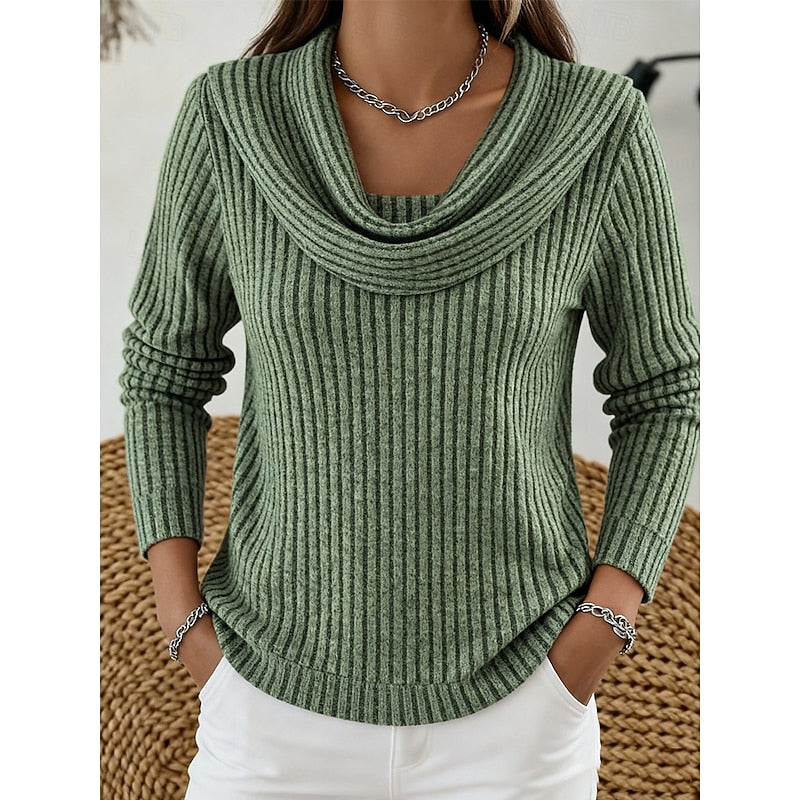 Ribbed Knit Sweater with Cowl Neck and Long Sleeves — variant_front