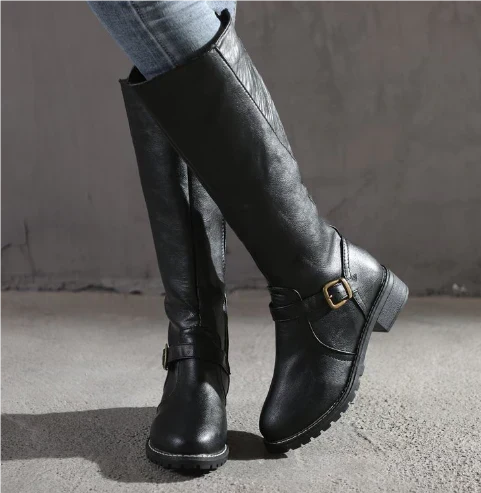 Classic Leather Knee High Boots with Buckle Strap and Block Heel — variant_front