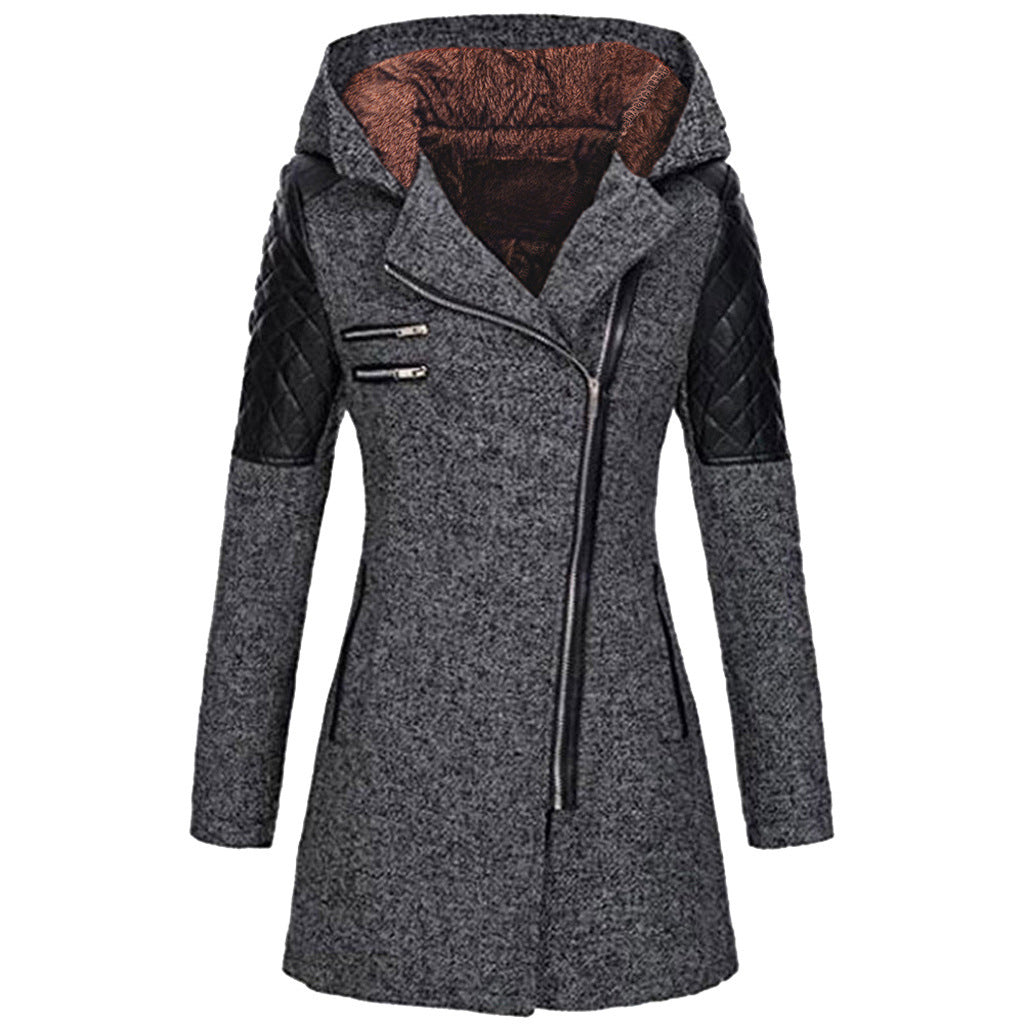 Fitted Hooded Winter Coat with Quilted Leather Shoulders — variant_front