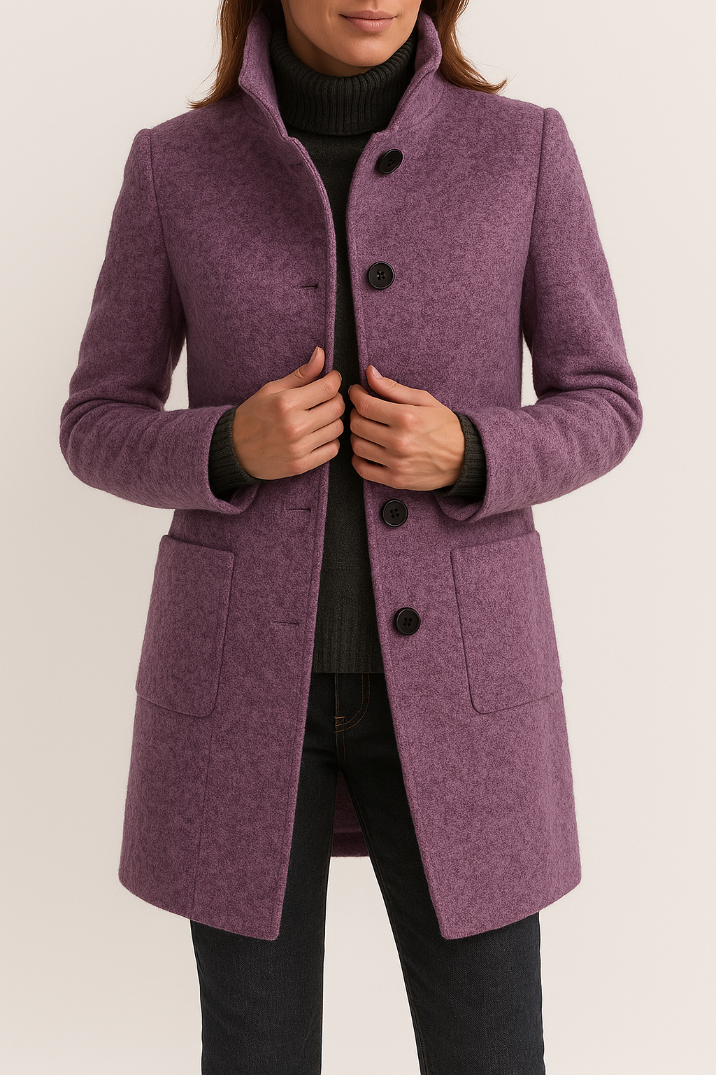 Tailored Wool Coat with High Neck and Patch Pockets — variant_front