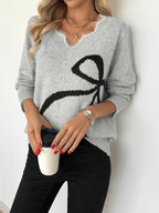 V-Neck Knit Sweater with Bow Detail, Relaxed-Fit Jumper — variant_front