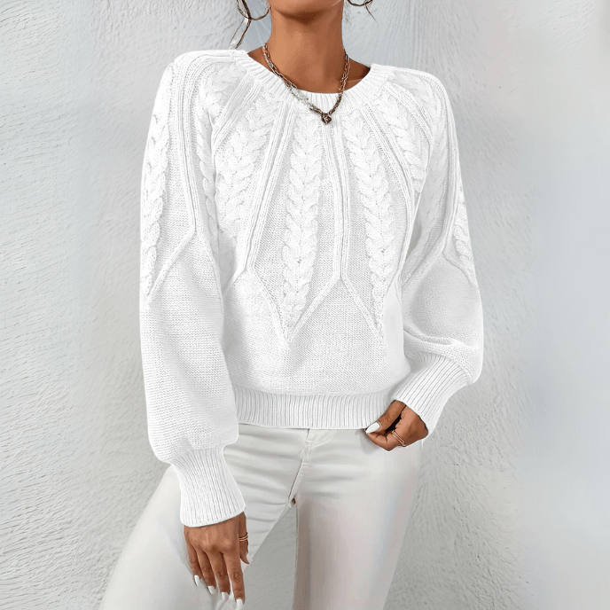 Cable Knit Sweater with Puff Sleeves and Round Neckline — variant_front