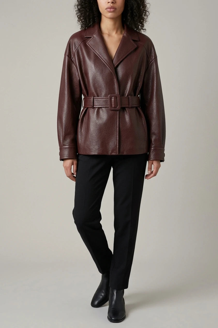 Belted Leather Jacket with Wide Collar and Cuffed Sleeves — variant_front
