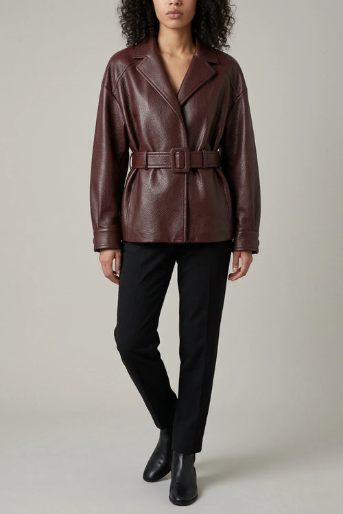 Belted Leather Jacket with Wide Collar and Cuffed Sleeves — variant_front