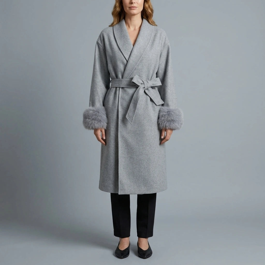 Women's Elegant Wool Coat with Faux Fur Cuffs and Belted Wrap Style – Meredith — variant_front