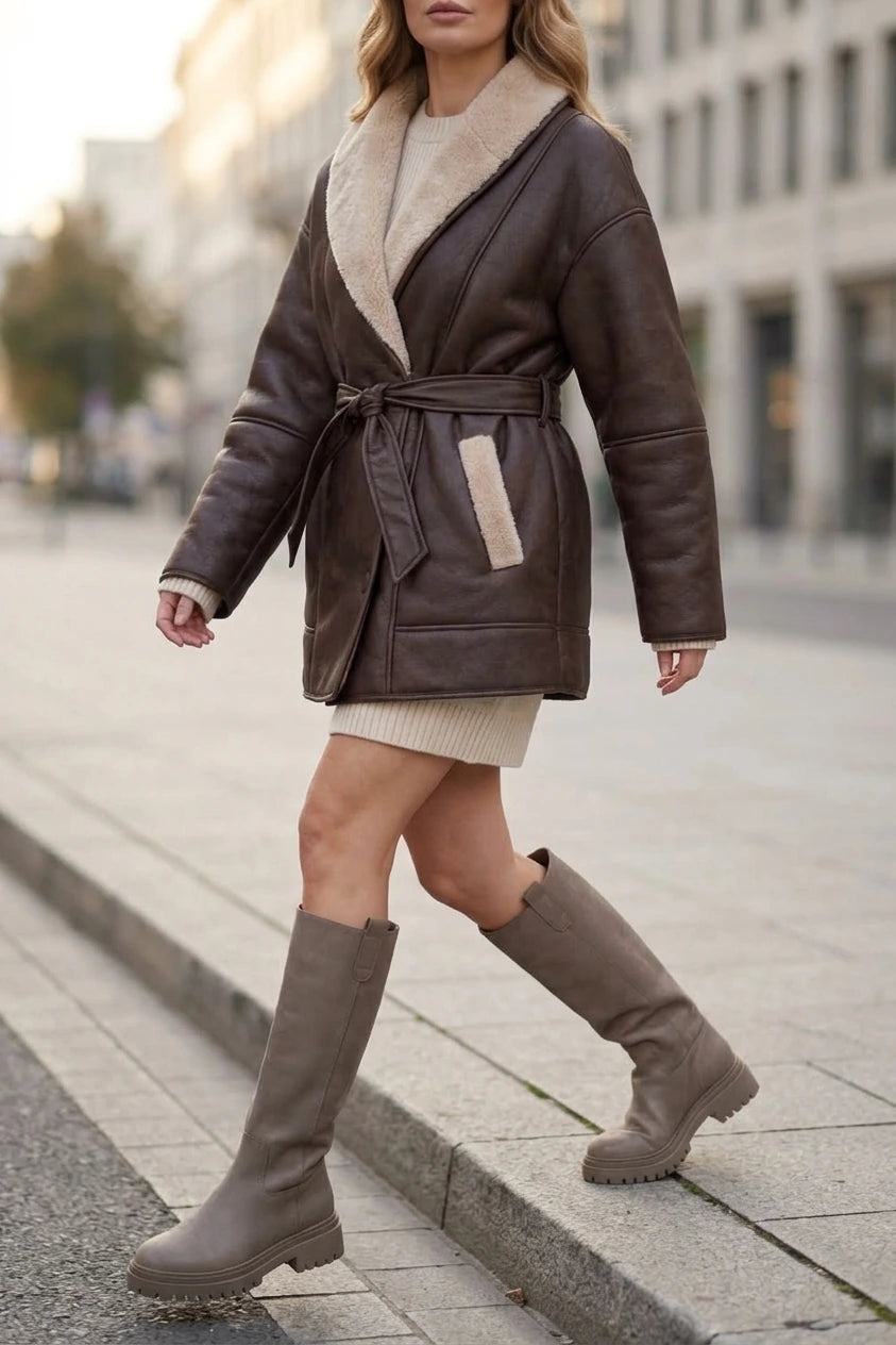 Oversized Leather Coat with Sherpa Lining and Tie Belt — variant_front