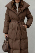 Women's Belted Long Puffer Coat with Silhouette Design – Ines — variant_front
