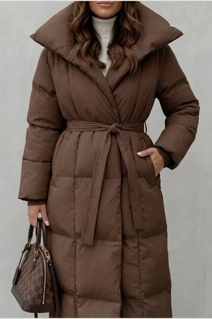 Women's Belted Long Puffer Coat with Silhouette Design – Ines — variant_front