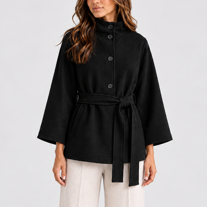 Women’s Belted Cape Jacket with Stand Collar — variant_front