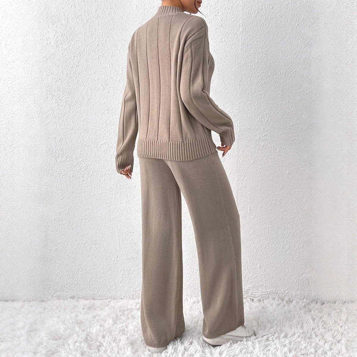 Knit Two Piece Set with Mock Neck Sweater and Wide Leg Trousers — variant_front