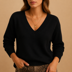 Soft Knit Sweater with Ribbed V-Neckline and Ribbed Cuffs — variant_front