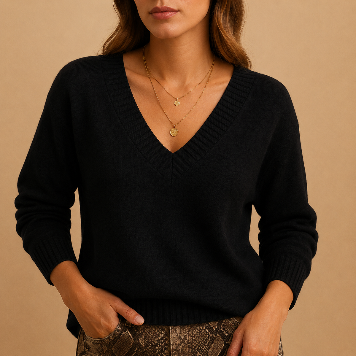 Soft Knit Sweater with Ribbed V-Neckline and Ribbed Cuffs — variant_front