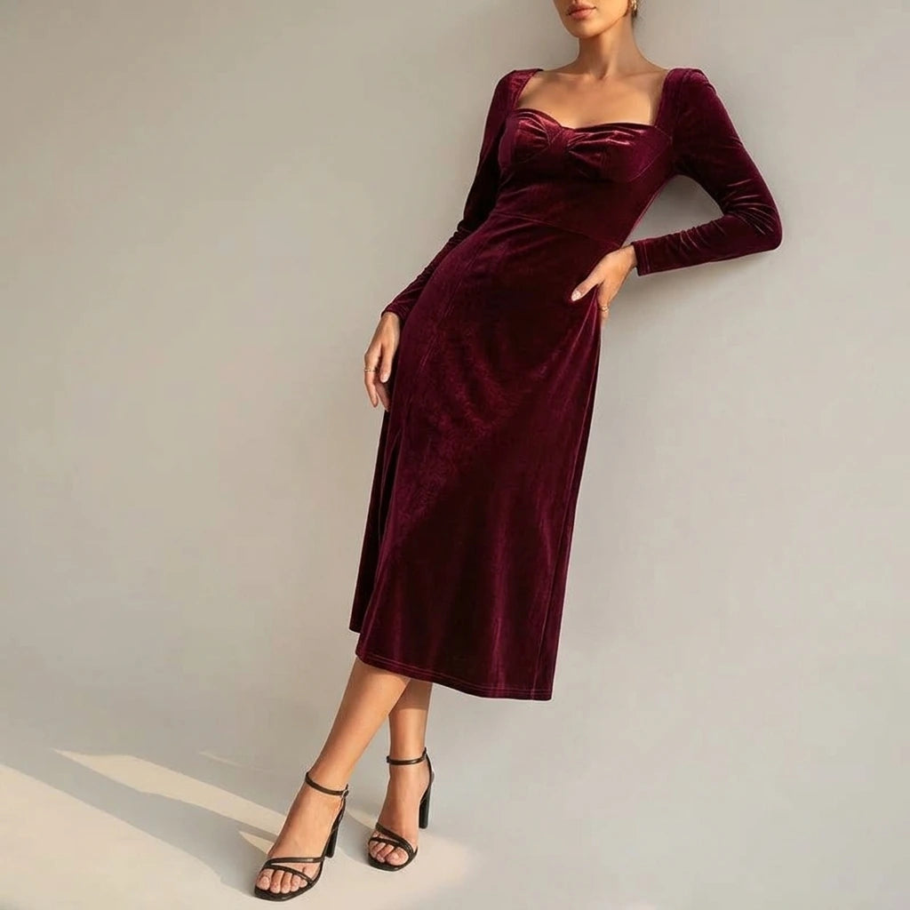 Velvet Autumn Wedding Guest A-Line Midi Dress with Long Sleeves for Women — velvet-autumn-wedding-guest-a-line-midi-dress-with-long-sleeves-for-women_lifestyle_leaning_wall_05.webp