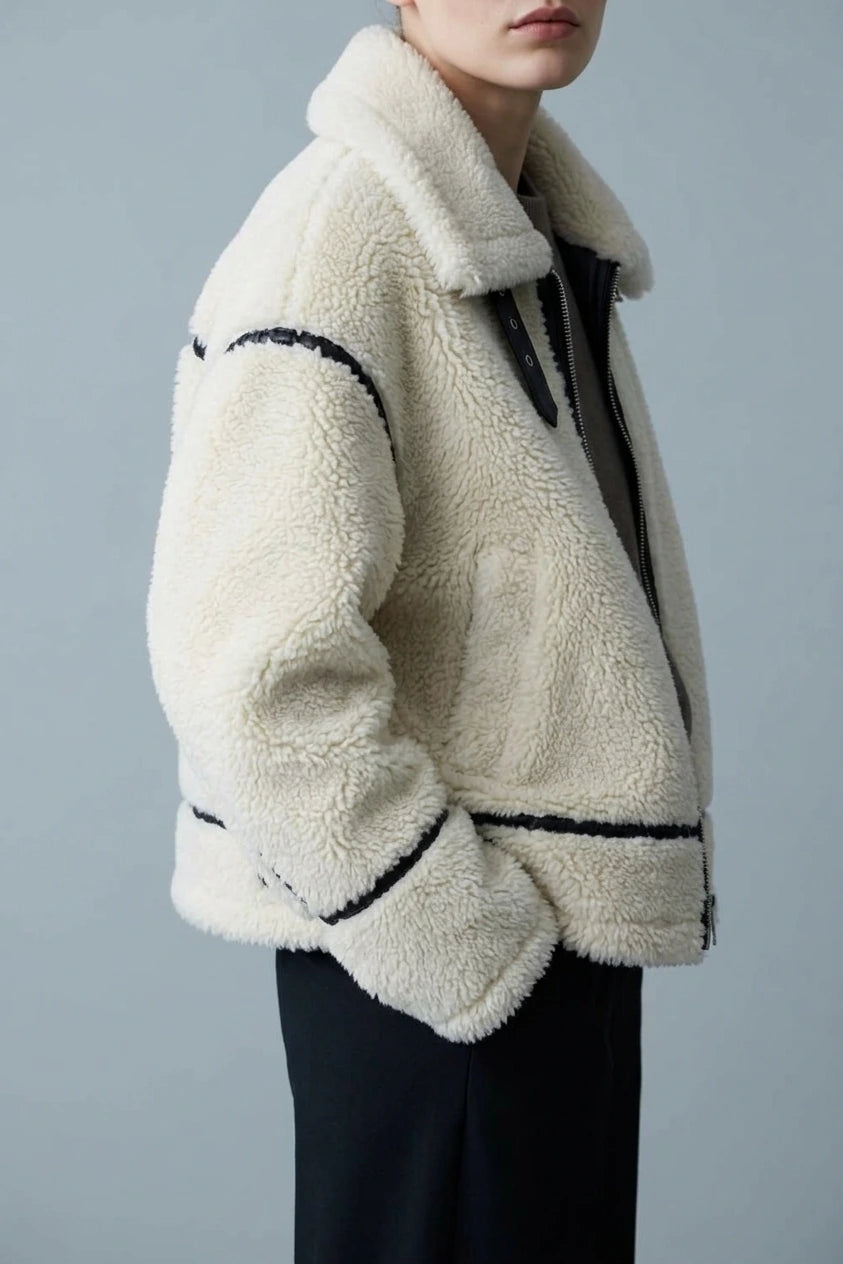 Women's Oversized Teddy Jacket with Contrast Trim — variant_front