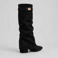 Women’s Knee High Boots with Low Block Heel & Gold Buckle Detail — variant_front