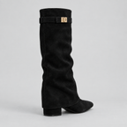 Women’s Knee High Boots with Low Block Heel & Gold Buckle Detail — variant_front