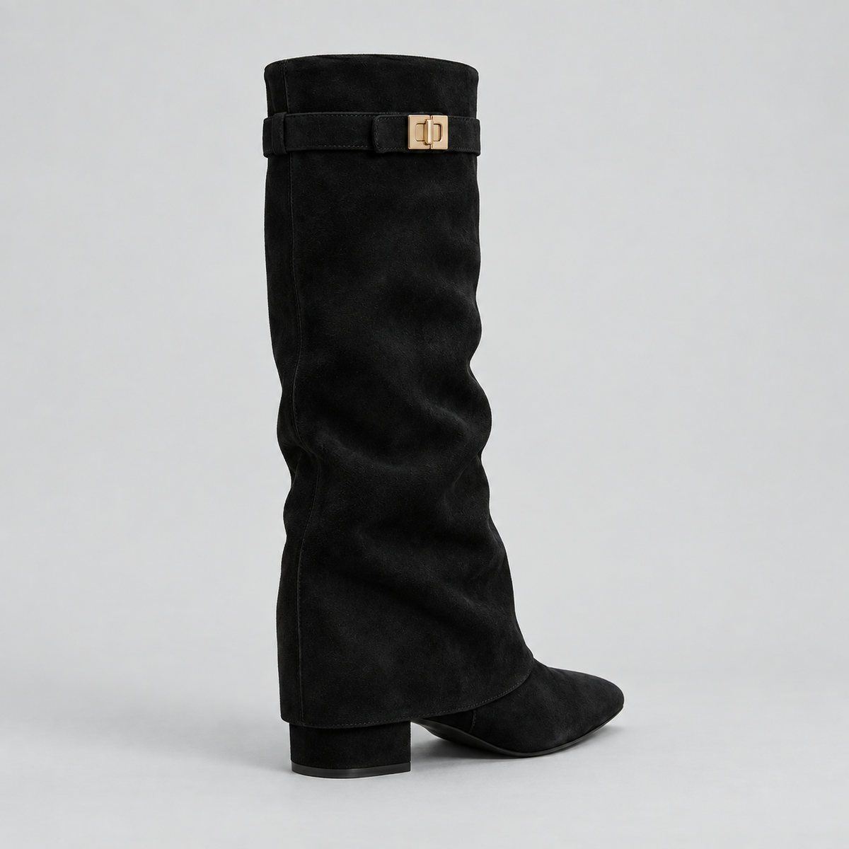 Women’s Knee High Boots with Low Block Heel & Gold Buckle Detail — variant_front