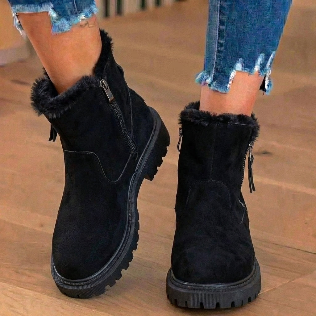 Warm Suede Ankle Boots with Fur Trim and Chunky Sole — variant_front