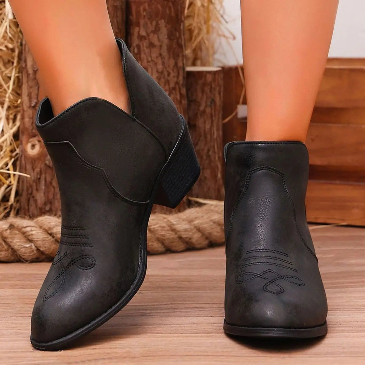 Western Ankle Boots with Block Heel and Stitch Detail — variant_front