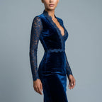 Velvet Slim Fit Midi Dress with V-Neck and Long Lace Sleeves for Women — variant_front