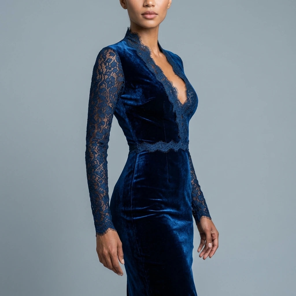 Velvet Slim Fit Midi Dress with V-Neck and Long Lace Sleeves for Women — variant_front