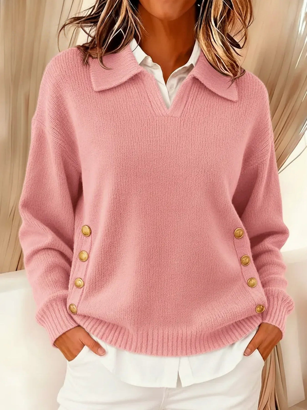 Relaxed Knit Sweater with Polo Collar and Gold Side Buttons — variant_front