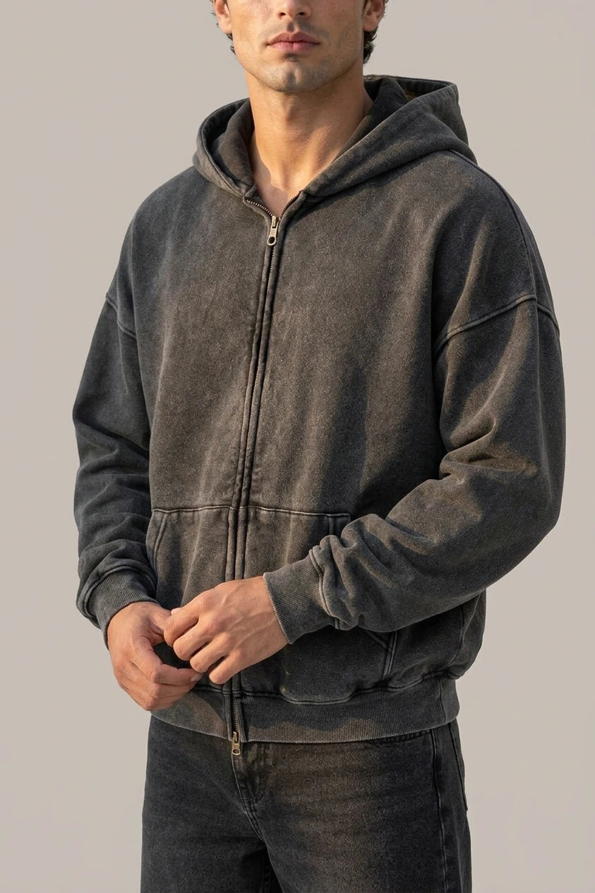 Men’s Oversized Full Zip Hoodie – Washed Hooded Jacket — variant_front
