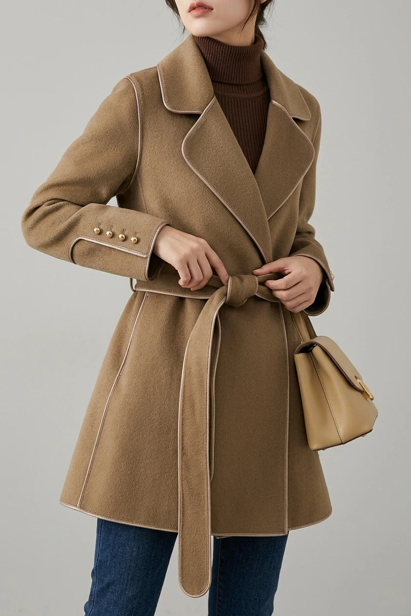 Refined Wool Coat with Contrast Trim and Self-Tie Belt — variant_front
