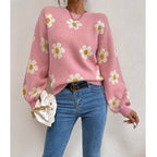 Floral Knit Sweater with Daisy Print and Puff Sleeves — variant_front