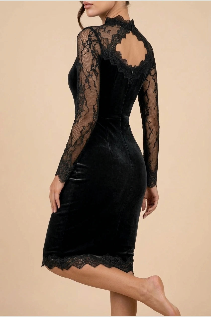 Velvet Midi Dress with Lace Inserts for Women — variant_front