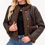Women’s Brown Shearling Trim Jacket - Cropped Faux Leather Winter Coat — variant_front