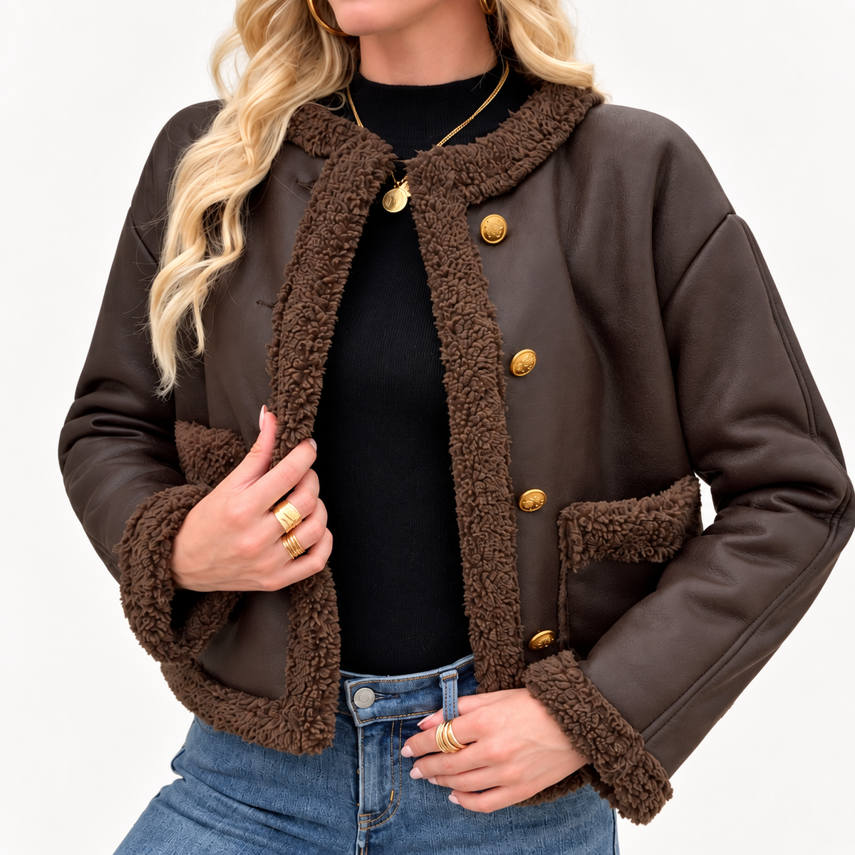 Women’s Brown Shearling Trim Jacket - Cropped Faux Leather Winter Coat — variant_front