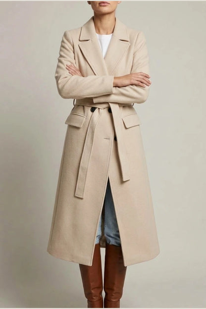 Women's Long Coat Wool Blend Belted Structured Tailored Fit Office — variant_front