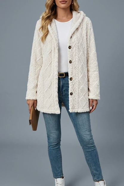 Women'S New Elegant Diamond Pattern Side Decorative Button Wool Teddy Bear Coat Hooded Jacket Warm Outerwear — variant_front