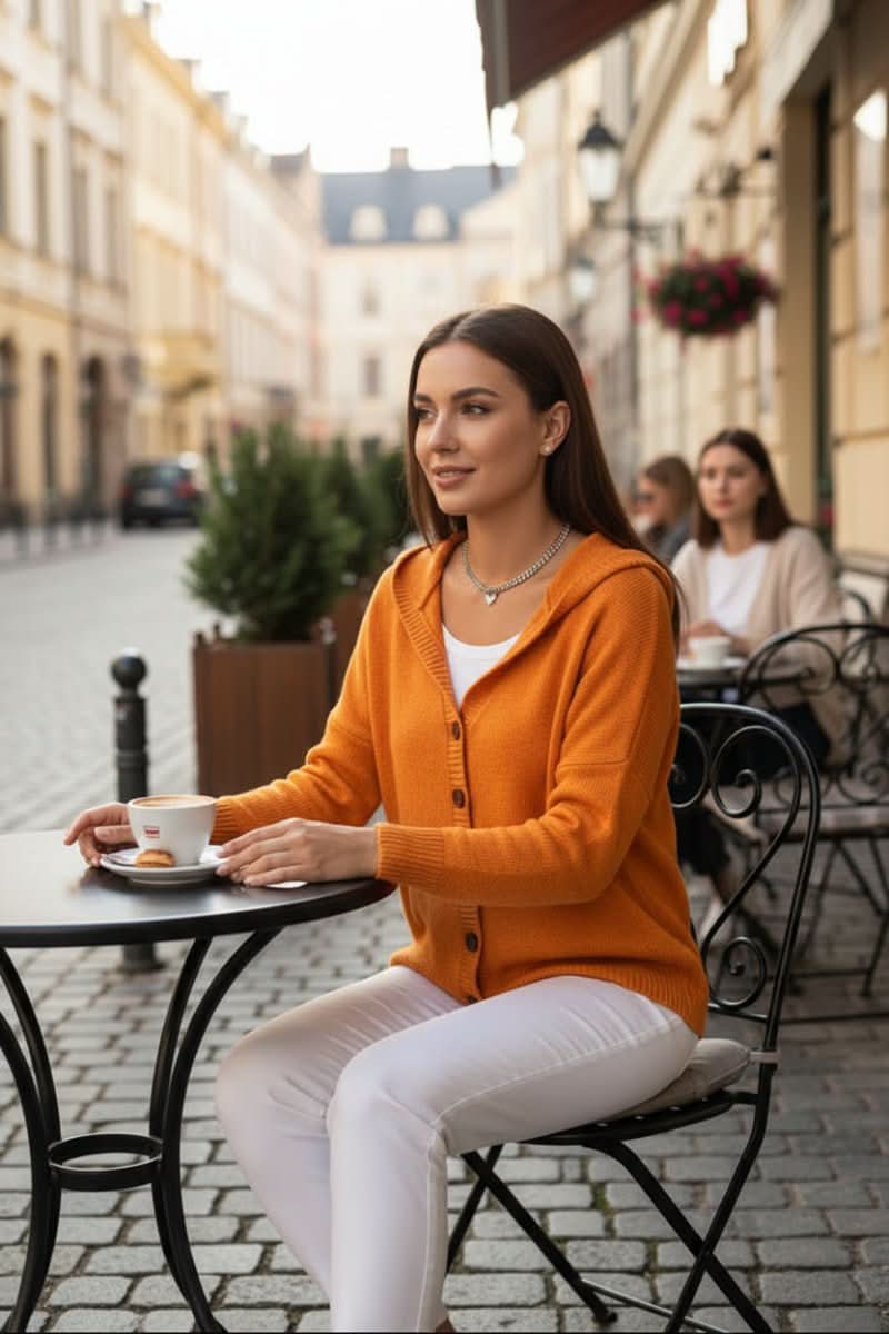 Relaxed Hooded Cardigan with Button Front and Ribbed Cuffs — variant_front