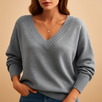 Soft Knit Sweater with Ribbed V-Neckline and Ribbed Cuffs — variant_front