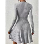 Ribbed Knit Wrap Front Mini Dress with V-Neckline and Long Sleeves — variant_front