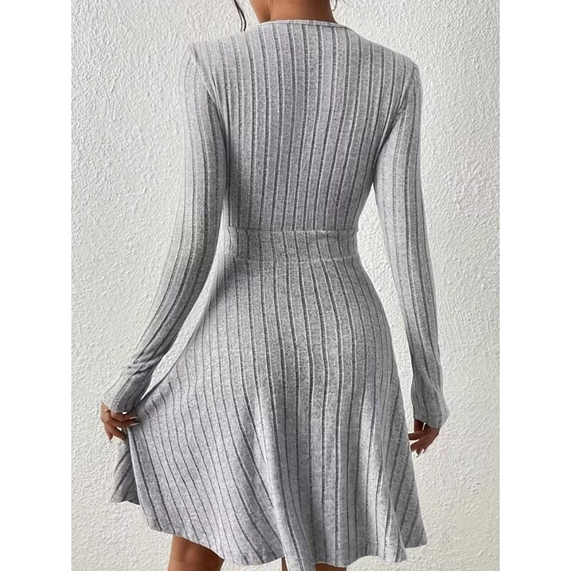 Ribbed Knit Wrap Front Mini Dress with V-Neckline and Long Sleeves — variant_front