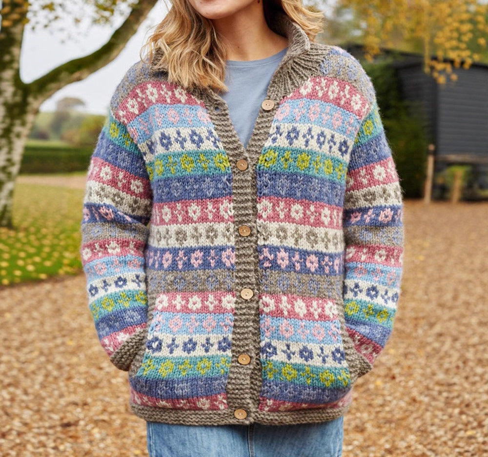 Retro Fair Isle Chunky Knit Cardigan with V-Neckline — variant_front