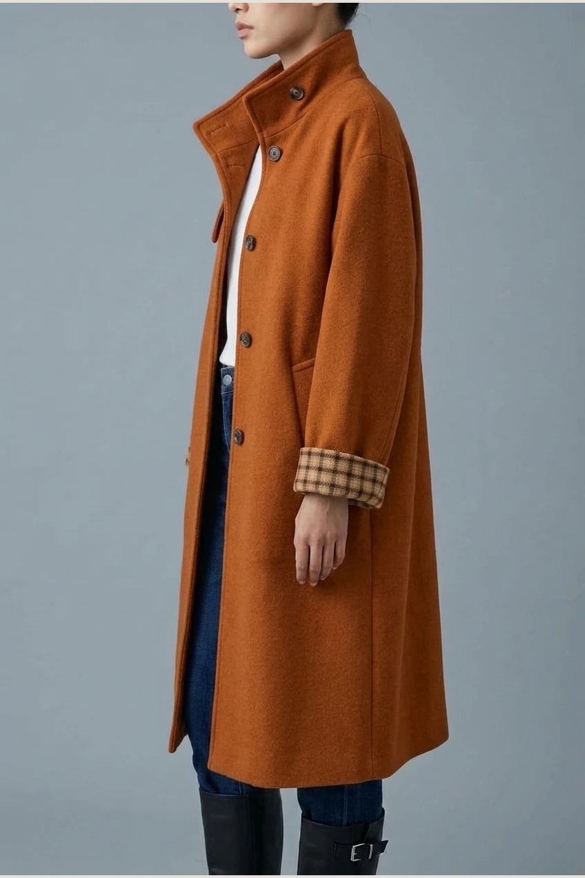 Women's Button-Front Wool-Blend Coat with Stand Collar — variant_front