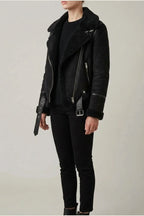 Amelia | Women's Shearling-Lined Belted Suede Moto Jacket — variant_front
