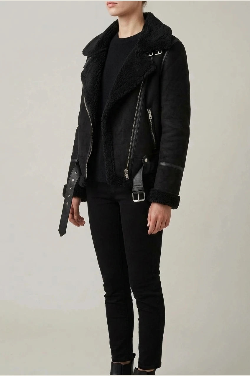 Amelia | Women's Shearling-Lined Belted Suede Moto Jacket — variant_front