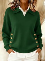 Relaxed Knit Sweater with Polo Collar and Gold Side Buttons — variant_front