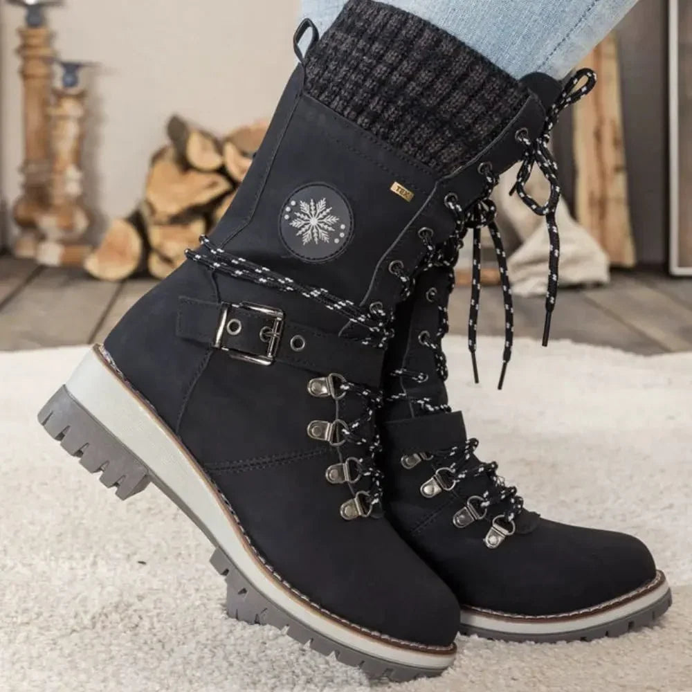 Insulated Lace Up Winter Boots with Knit Cuff and Buckle Detail — variant_front