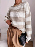 Striped Chunky Knit Sweater with Round Neck and Dropped Shoulders — variant_front