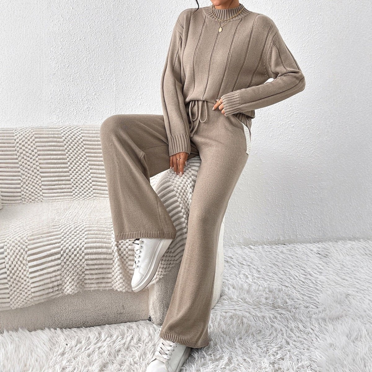 Knit Two Piece Set with Mock Neck Sweater and Wide Leg Trousers — variant_front